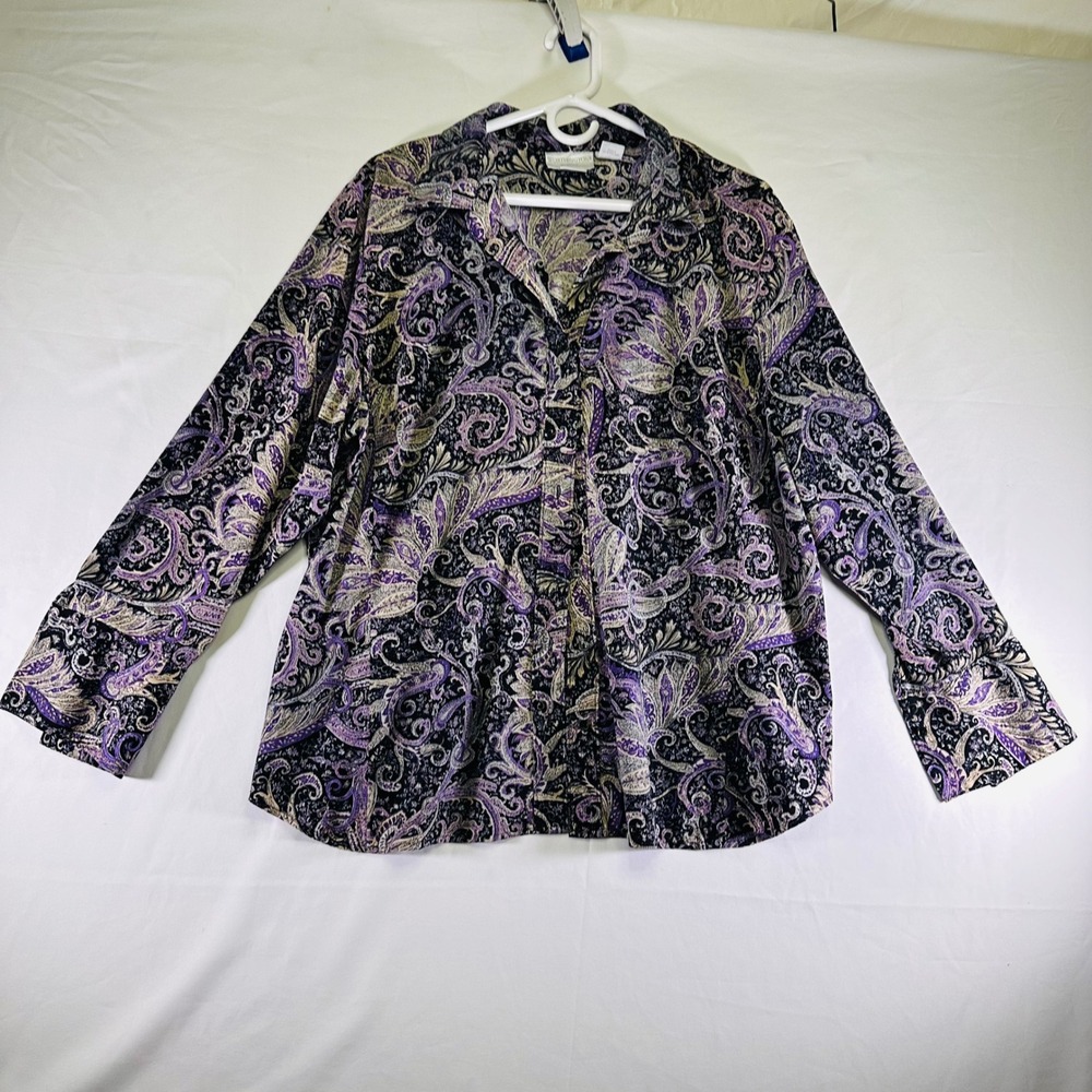 Worthington Purple Black Paisley Long Sleeve Easy Care Button Blouse Womens 2X